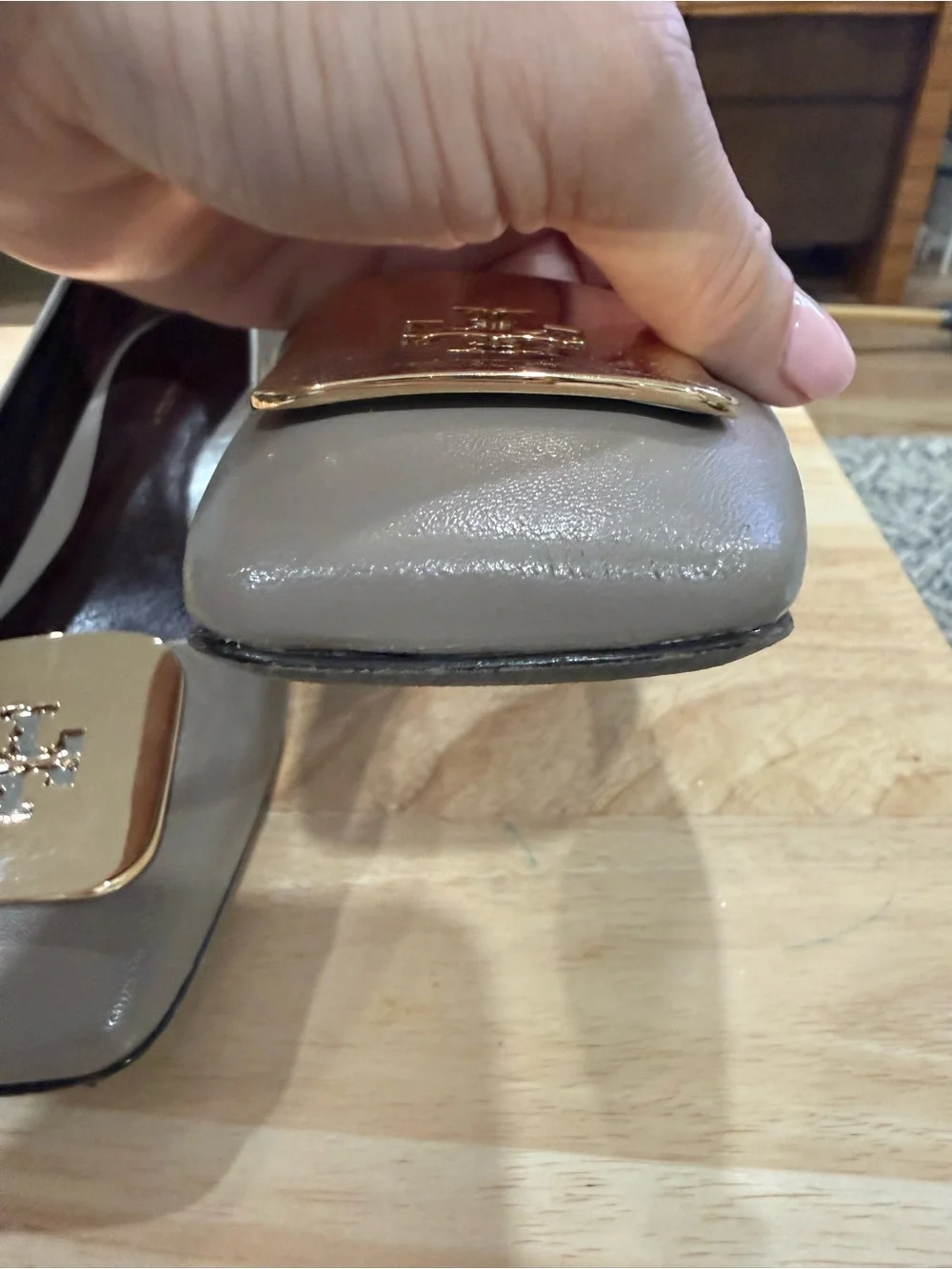 Tory Burch Taupe Leather Georgia Block Heel Flats with Gold Emblem